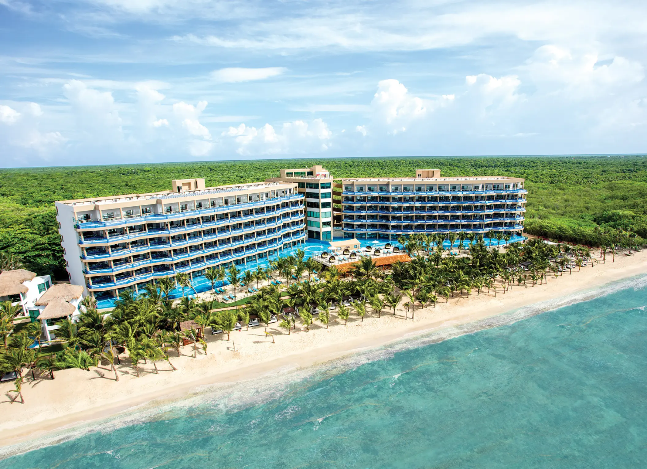 Aerial view of El Dorado Seaside Suites buildings and beach, Riviera Maya