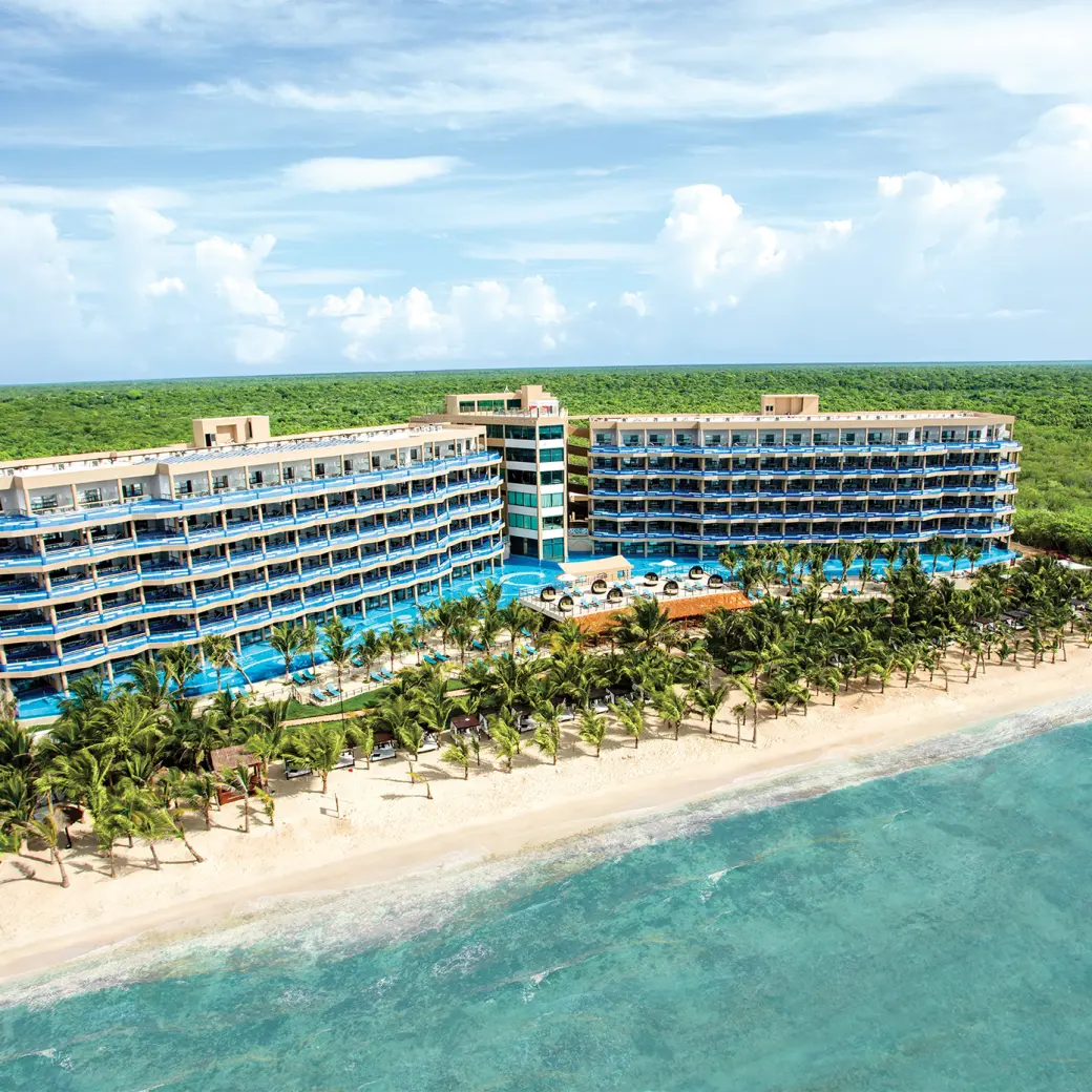 Aerial view of El Dorado Seaside Suites buildings and beach, Riviera Maya