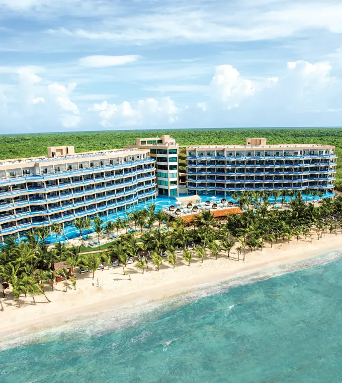 Aerial view of El Dorado Seaside Suites buildings and beach, Riviera Maya