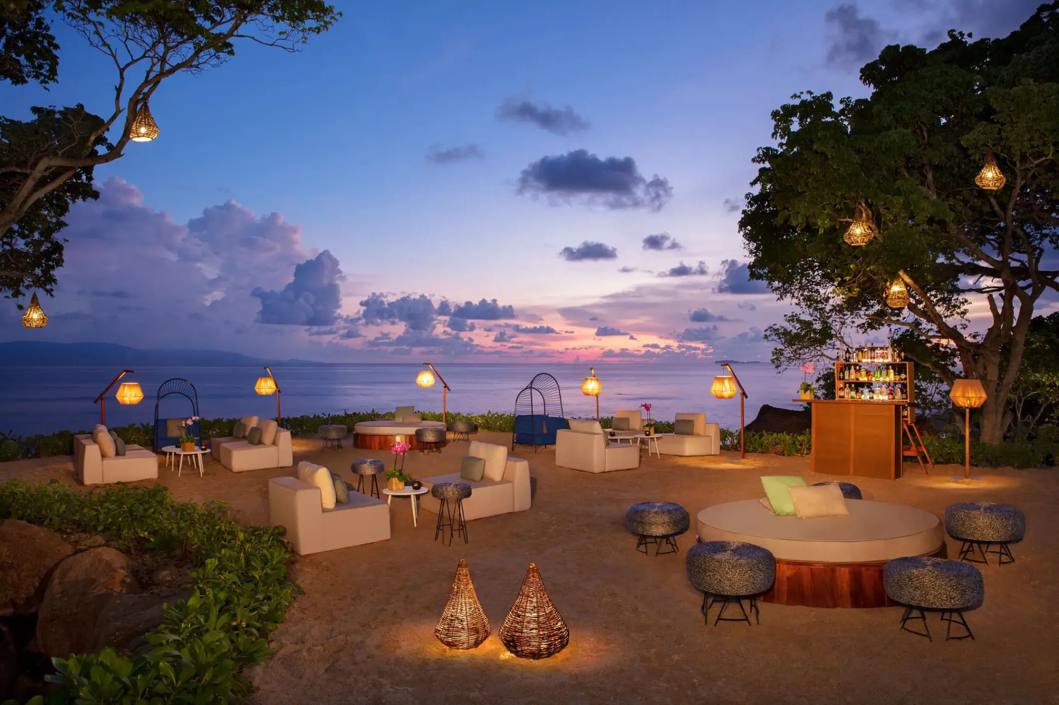 Sunset wedding cocktail reception setup on the beach at Secrets Bahia Mita, Puerto Vallarta