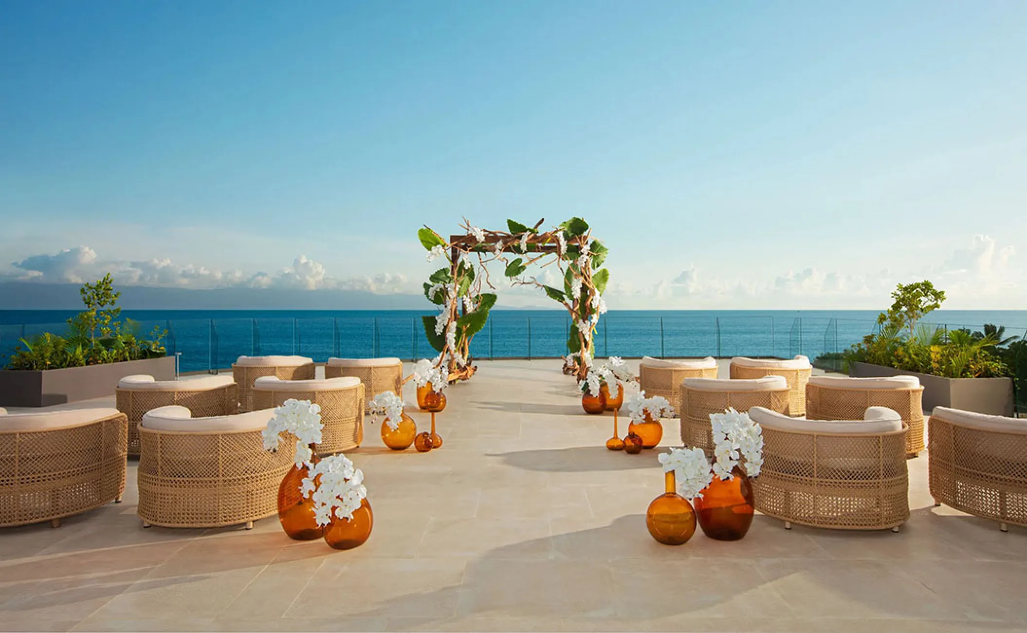 Ceremony decor on presidential suite pacific terrace at Dreams Bahia Mita Surf and Spa.