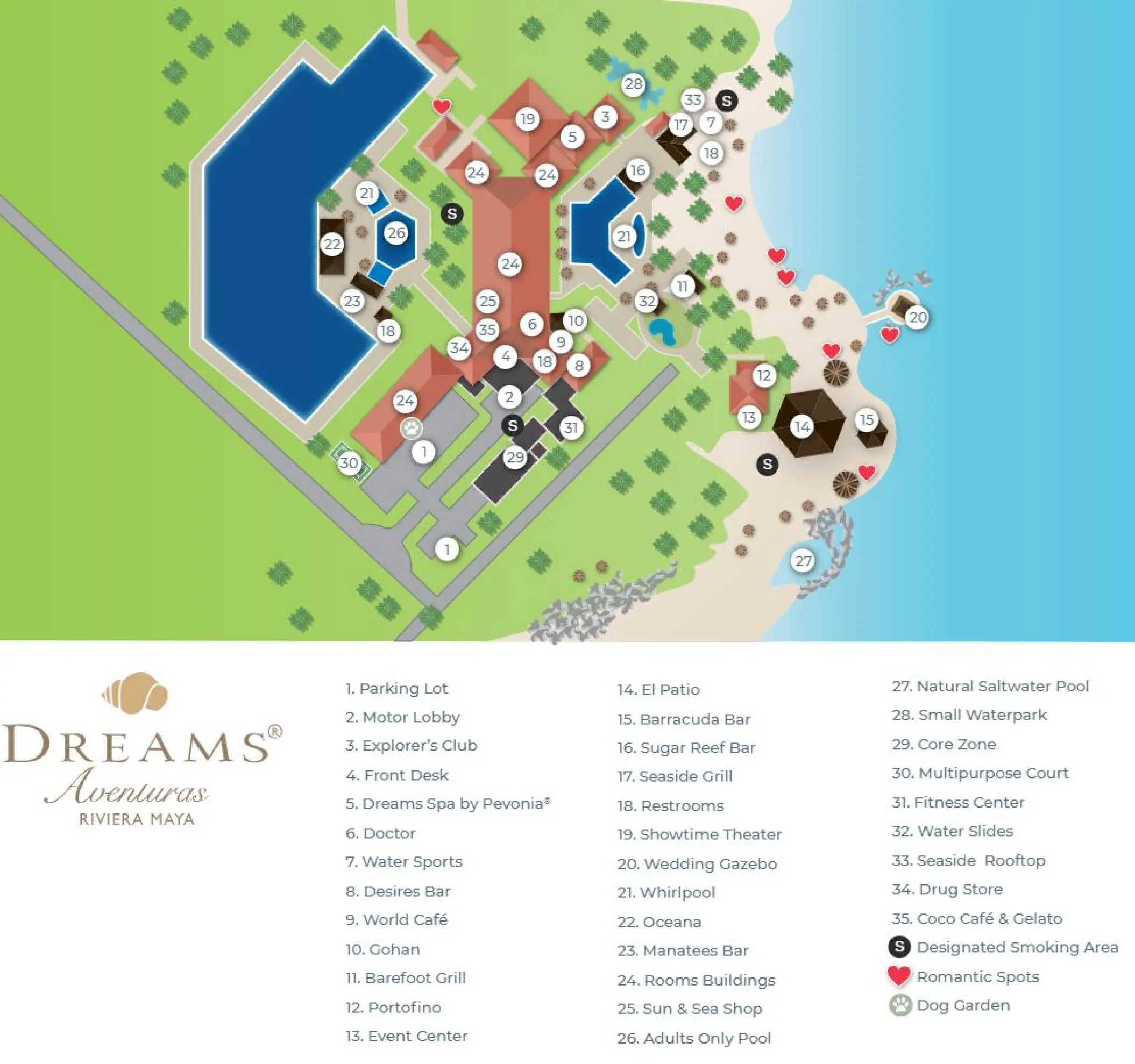 Map of Dreams Aventuras, Riviera Maya showing pools, restaurants, and ceremony locations