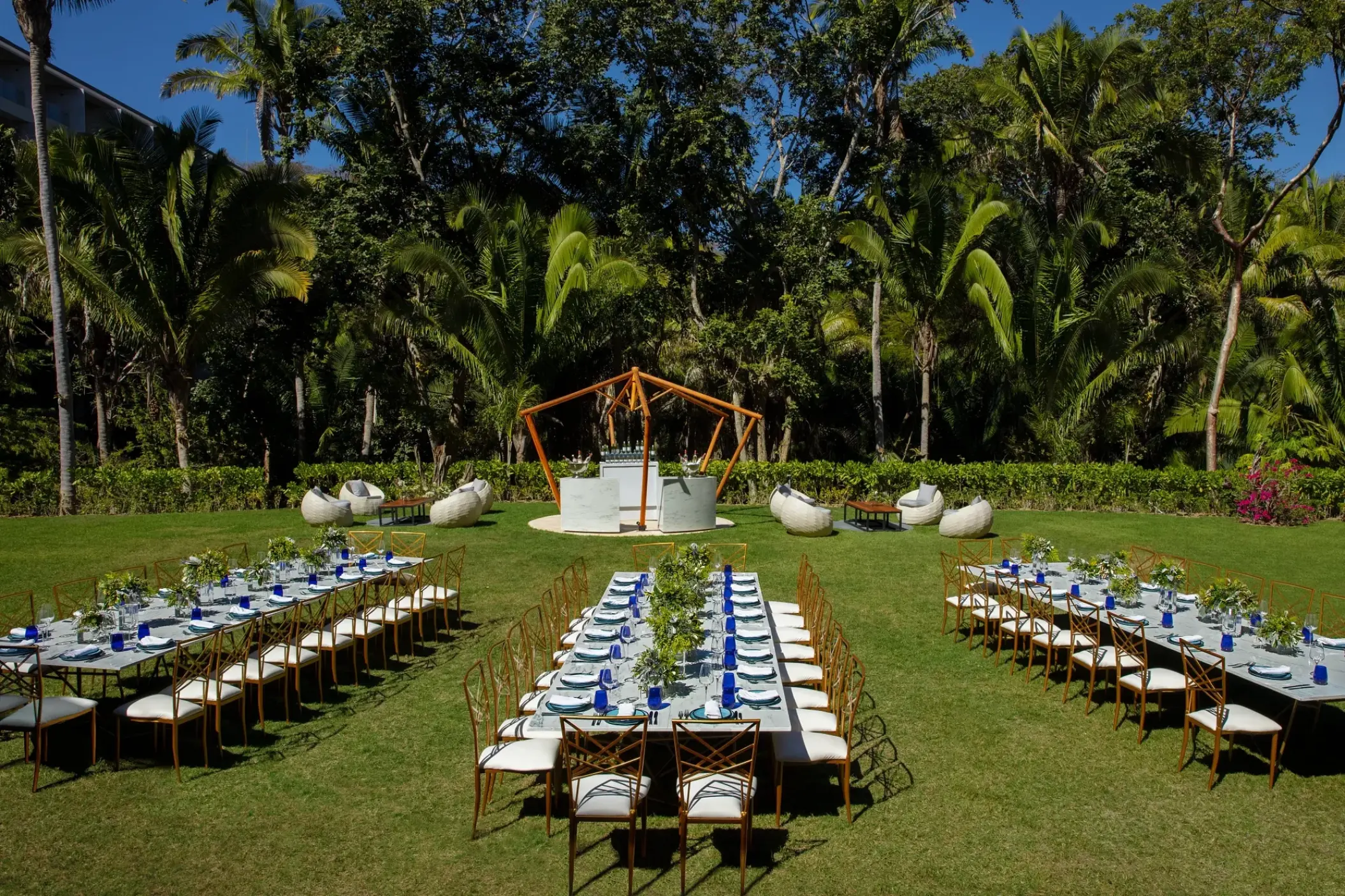 Garden wedding reception setup on the lawn at Dreams Bahia Mita, Puerto Vallarta