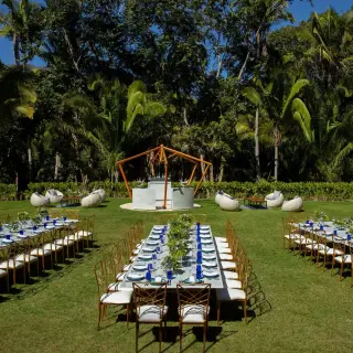 Garden wedding reception setup on the lawn at Dreams Bahia Mita, Puerto Vallarta
