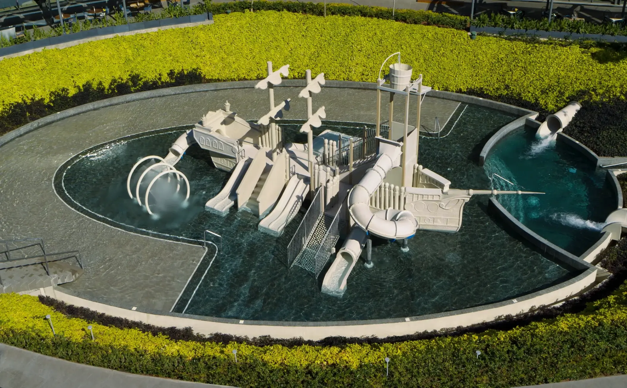 Children's pirate-themed splash pad and water slides at Dreams Bahia Mita, Puerto Vallarta