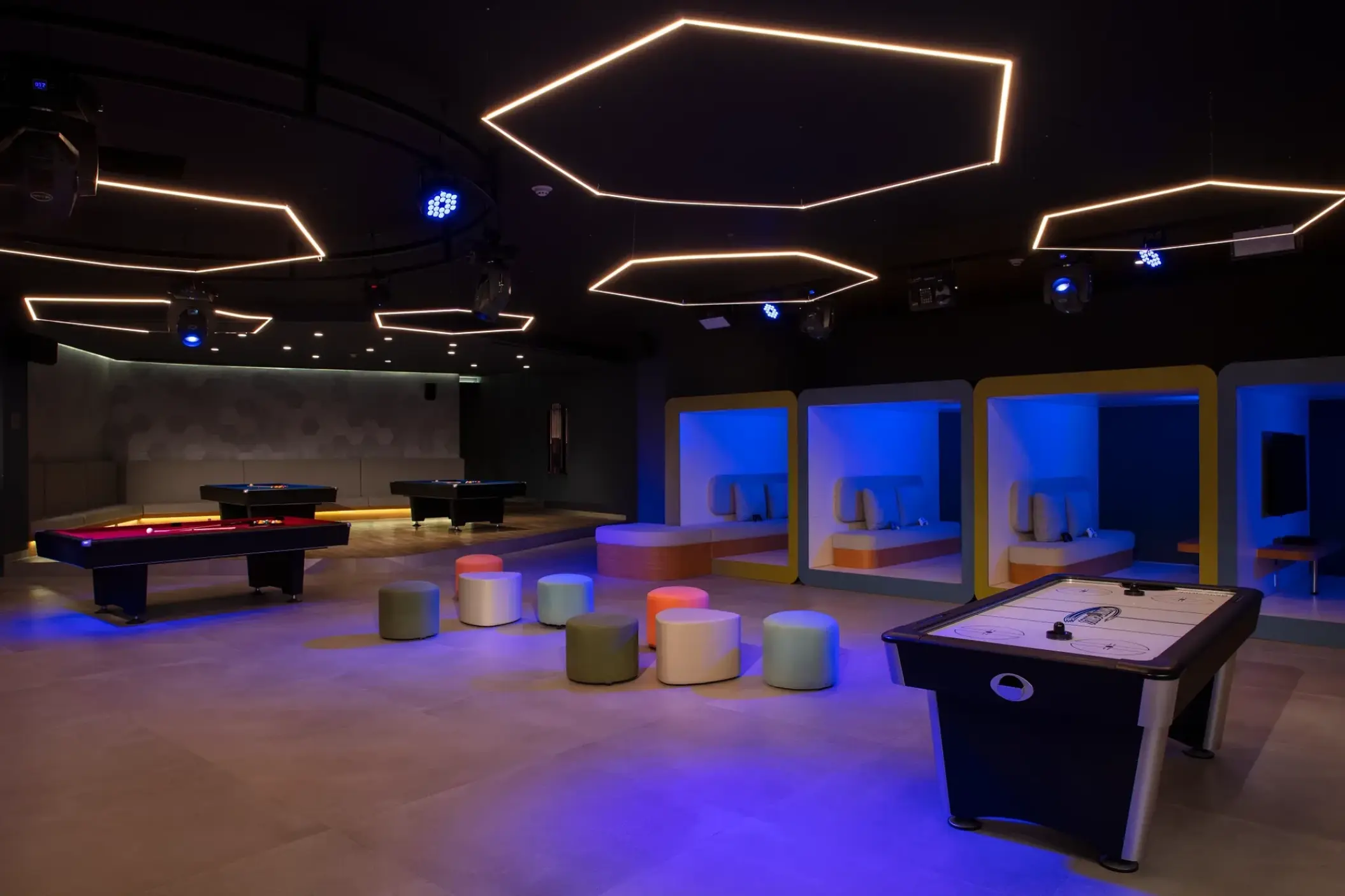 Dreams Bahia Mita playroom with pool tables and neon lighting, Puerto Vallarta