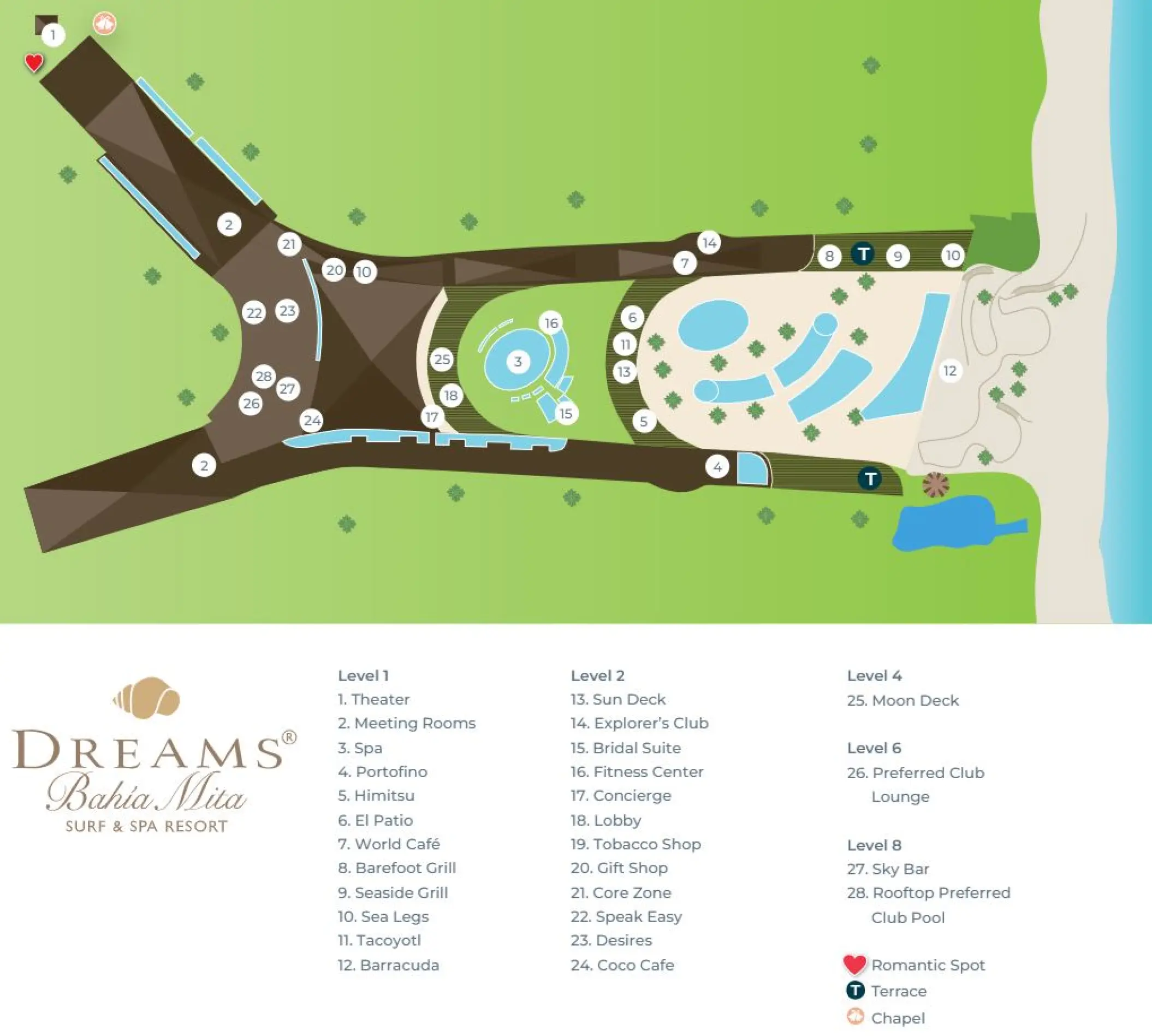 Resort map of Dreams Bahia Mita showing pools, restaurants, and amenities, Puerto Vallarta