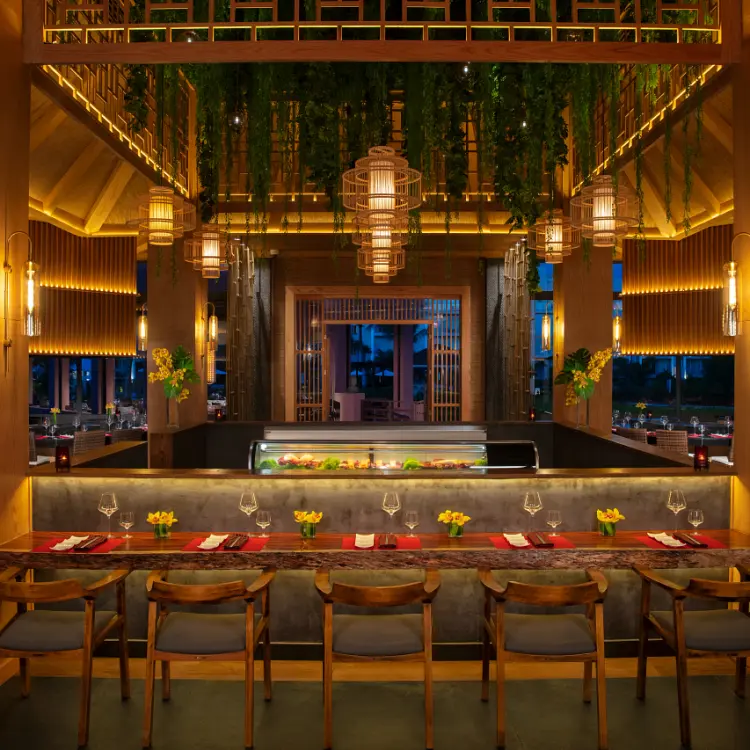 Asian restaurant dining area with hanging plants and lanterns at Dreams Jade, Riviera Maya