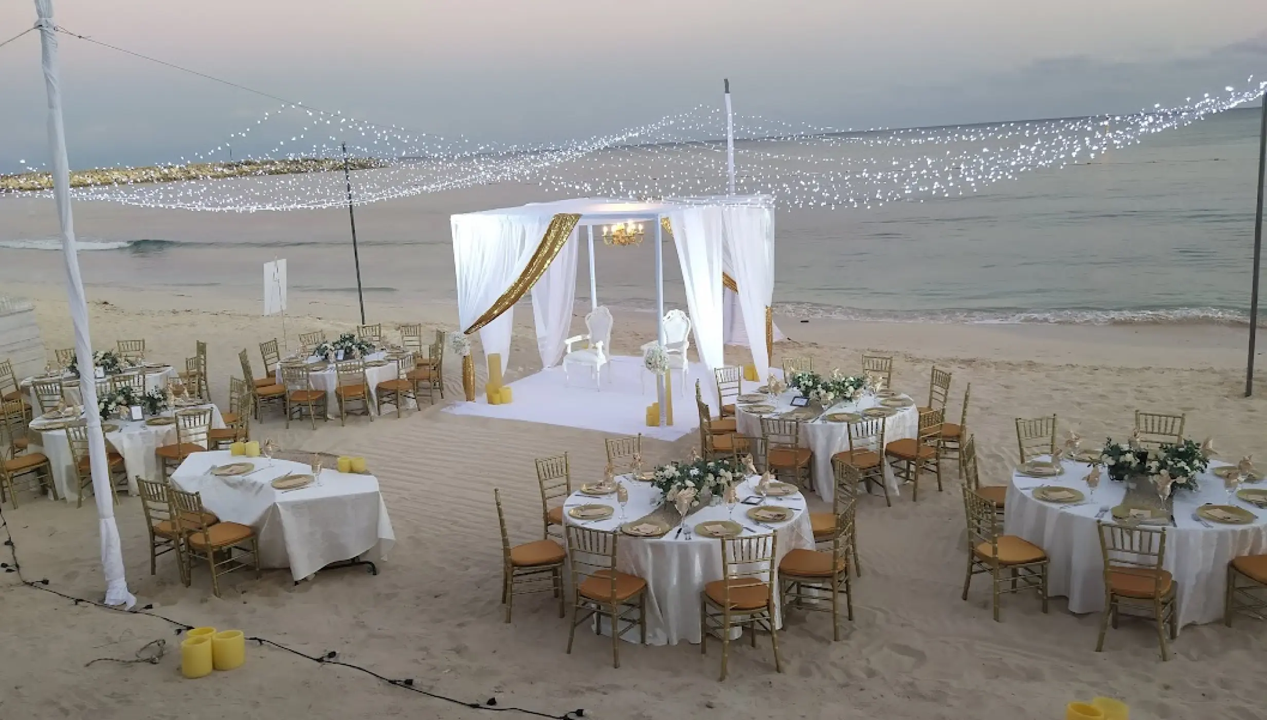 Dinner reception decor on the beac at Dreams Jade Resort and Spa