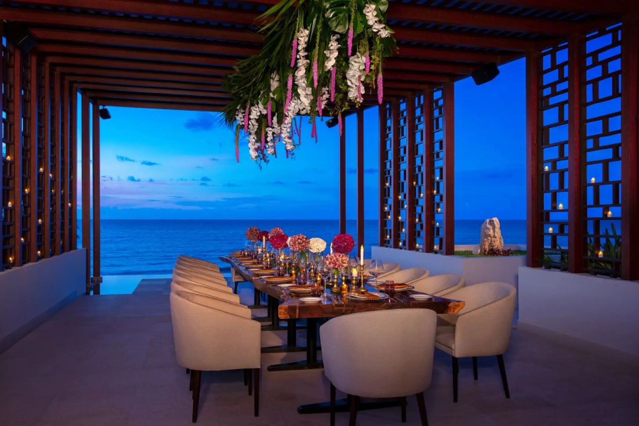 Private wedding reception dinner on the pergola deck at Dreams Jade, Riviera Maya