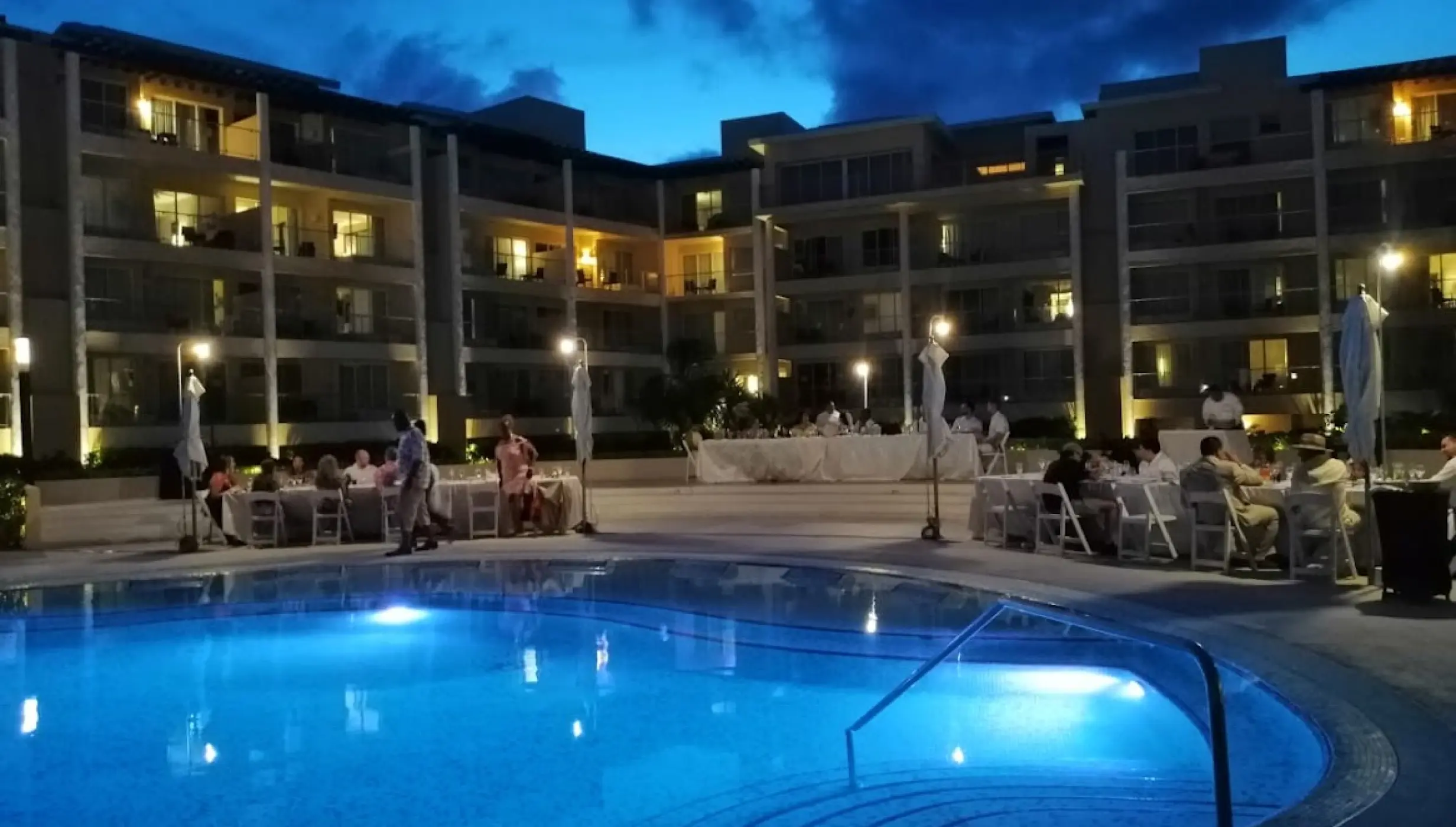 Dinner reception decor on the pool terrace at Dreams Jade resort and spa