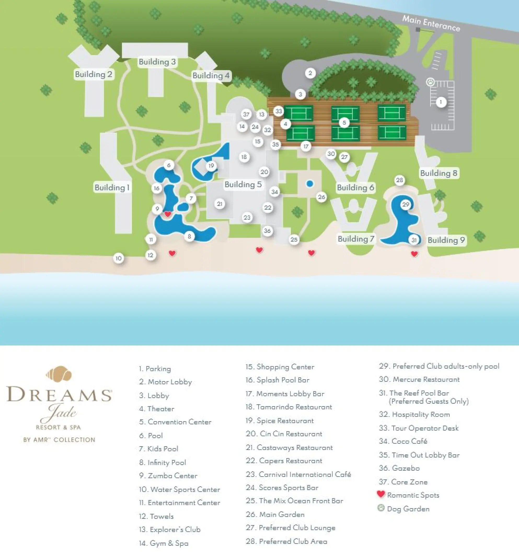 Map graphic of Dreams Jade, Riviera Maya showing building locations, pools, and guest amenities