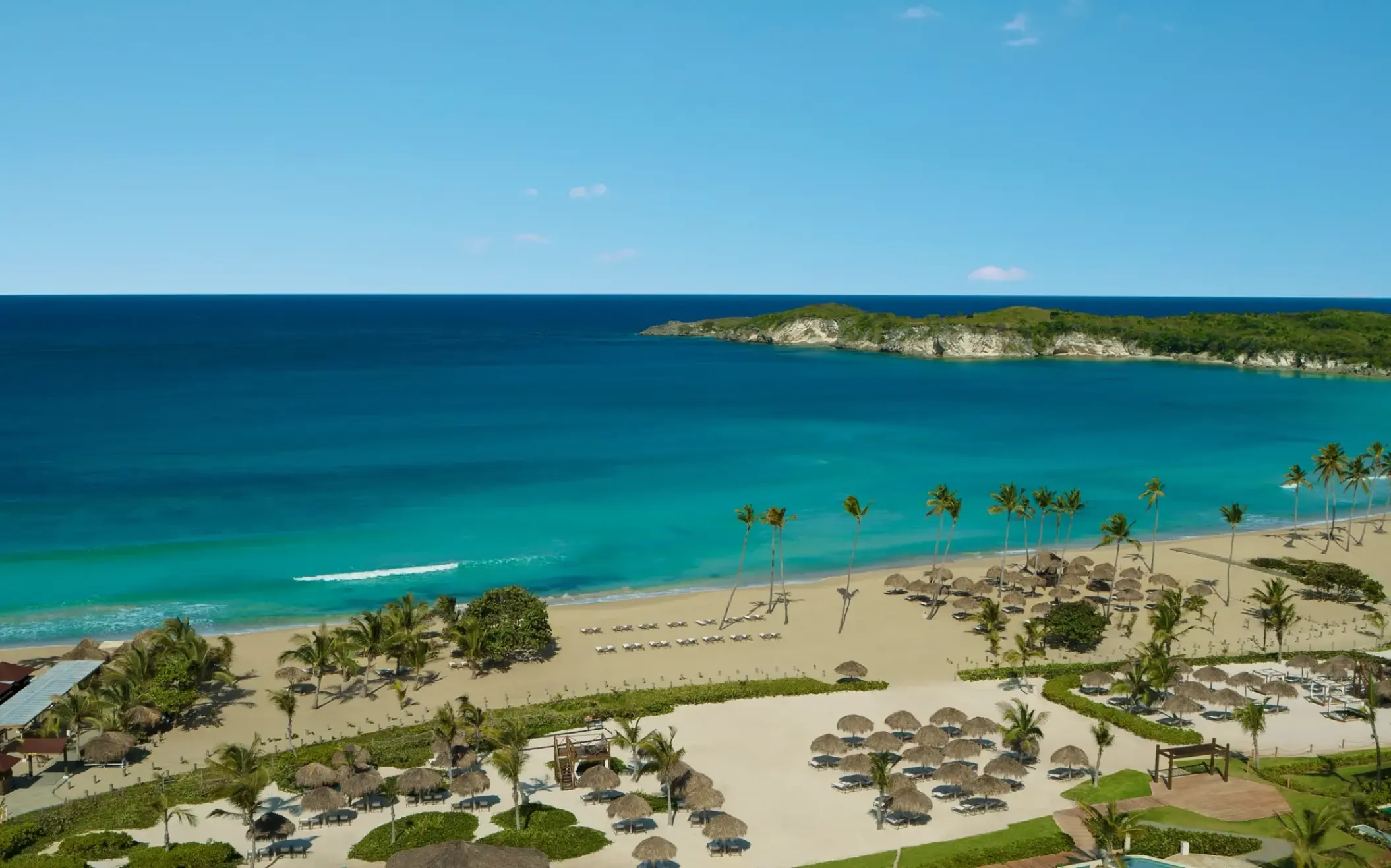 Dreams Macao Beach coastline with turquoise water and palm trees, Punta Cana