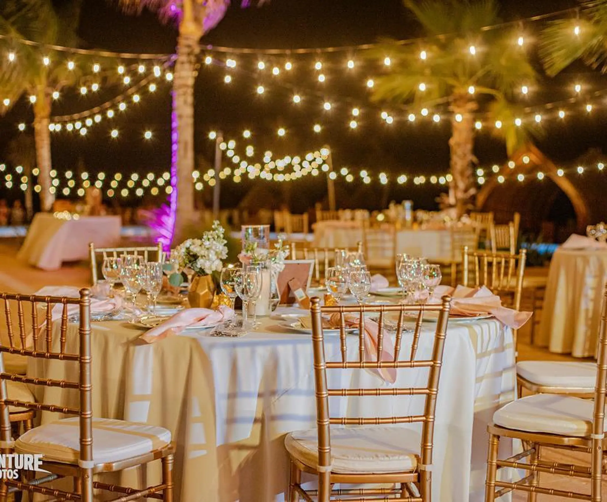 Evening wedding reception with string lights and gold chairs at Dreams Natura, Riviera Maya