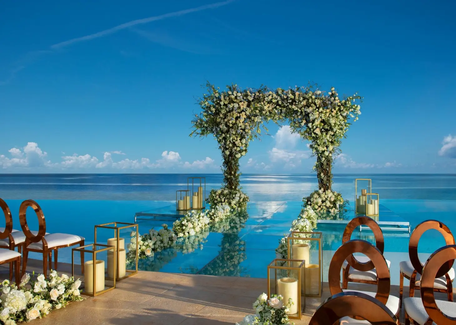 Infinity sky terrace wedding with altar at Dreams Natura Resort and Spa