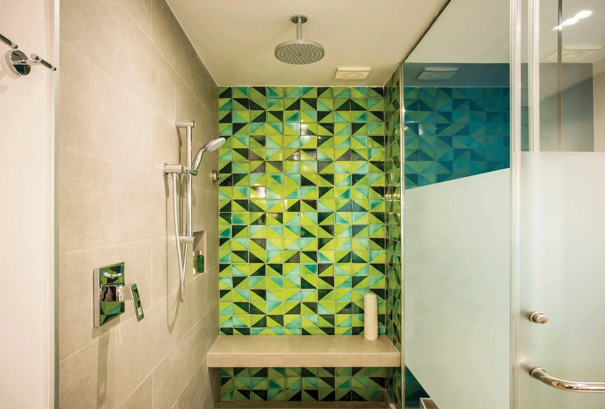 Junior Suite walk-in shower with green mosaic tiles at Dreams Natura, Riviera Maya