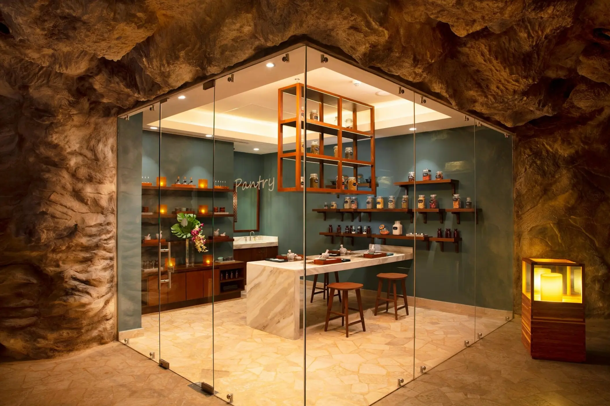 Private dining room in a stone cave at Dreams Natura, Riviera Maya