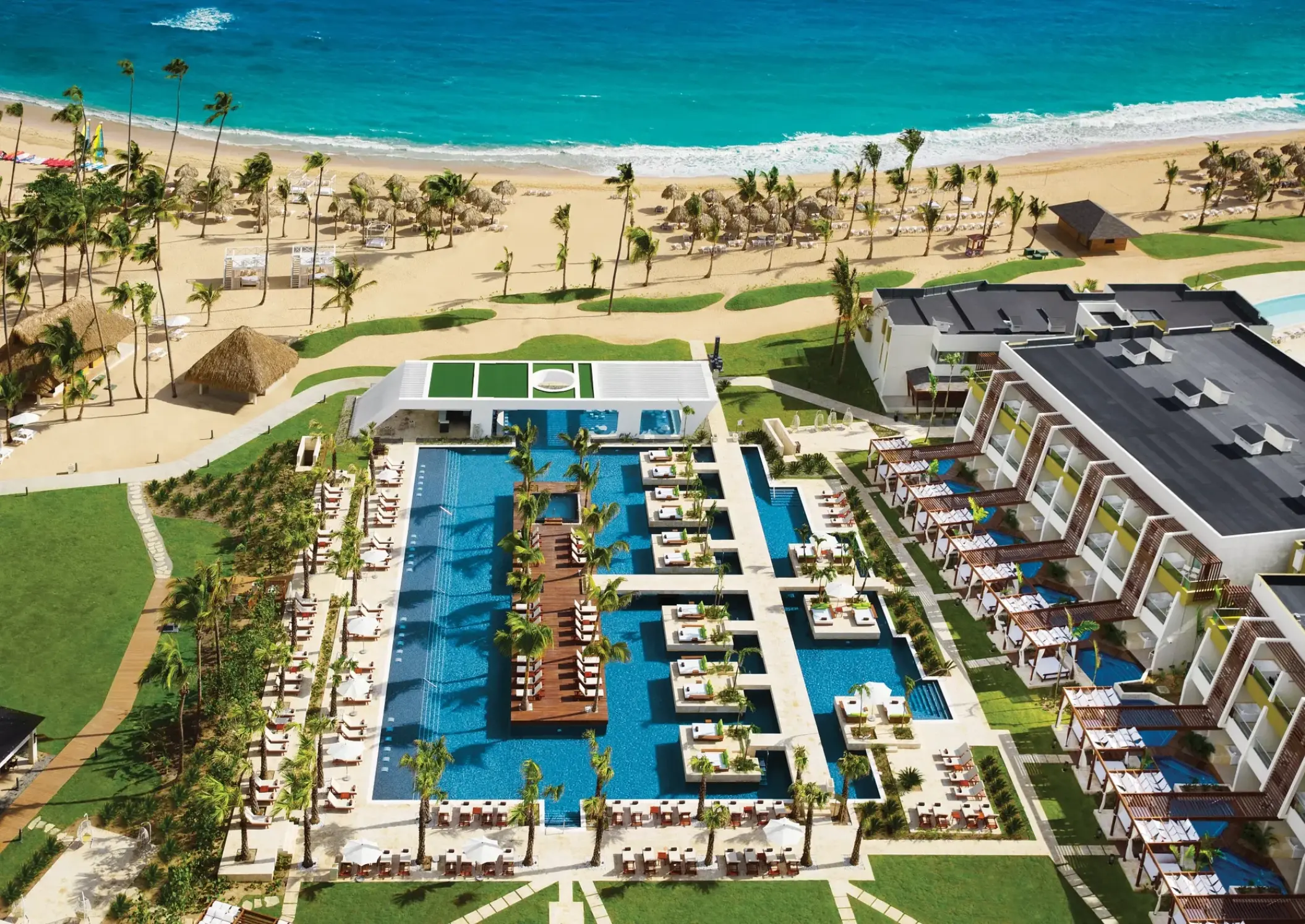 Aerial view of the adults-only pool and beachfront at Dreams Onyx, Punta Cana