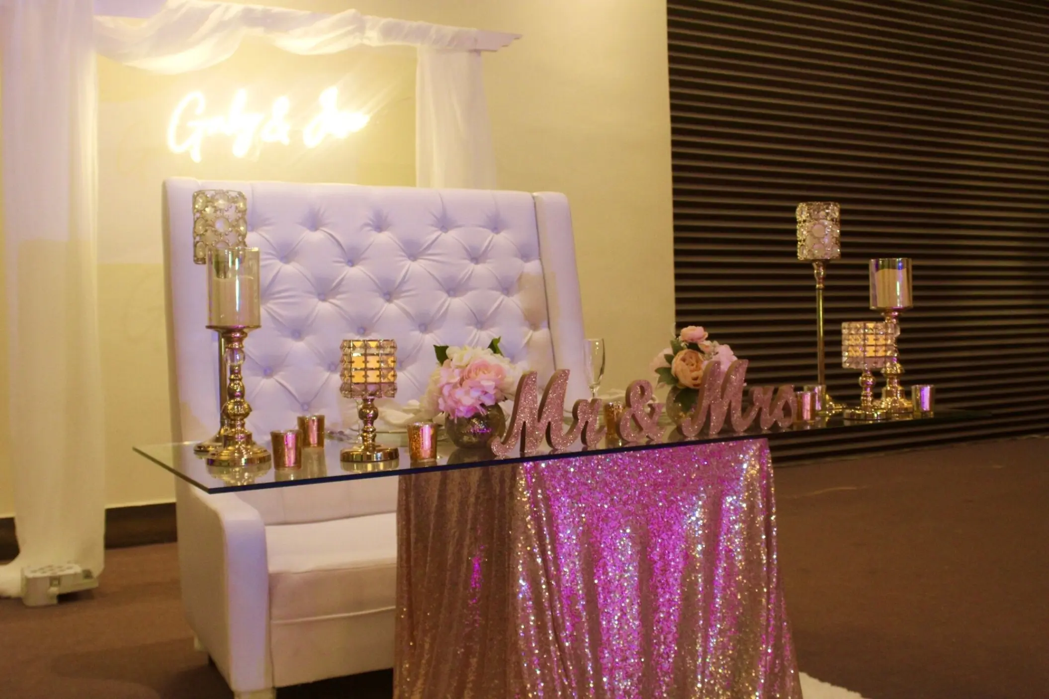 Ballroom wedding reception sweetheart table setup at Dreams Onyx, Punta Cana