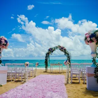 Beachfront wedding ceremony with a floral arch and pink petal runner at Dreams Onyx, Punta Cana