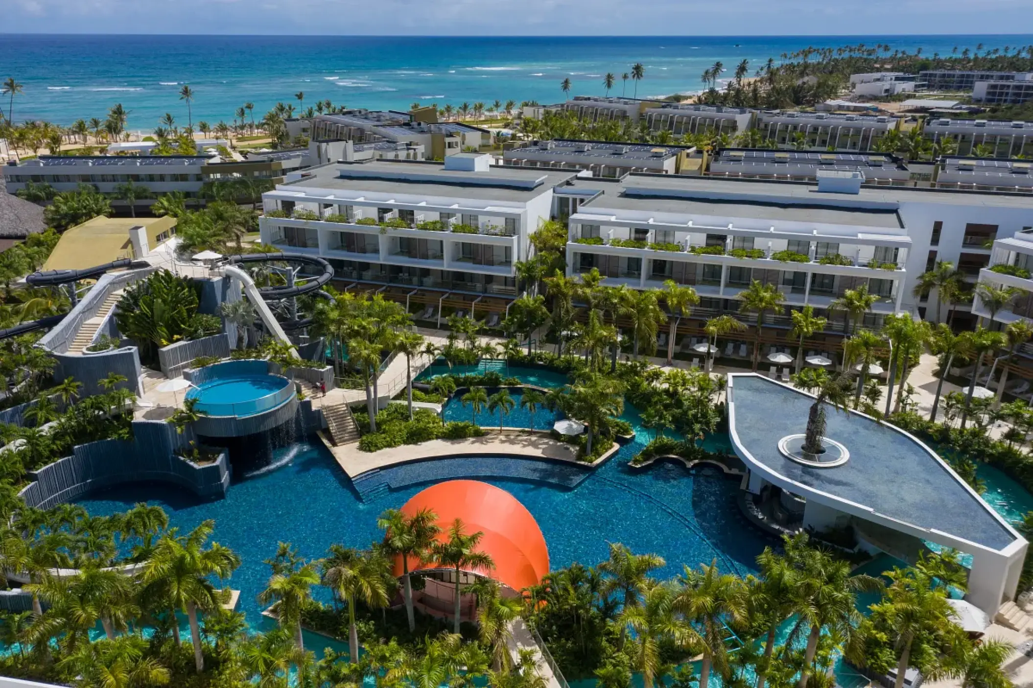 Aerial view of the water park and pools at Dreams Onyx, Punta Cana