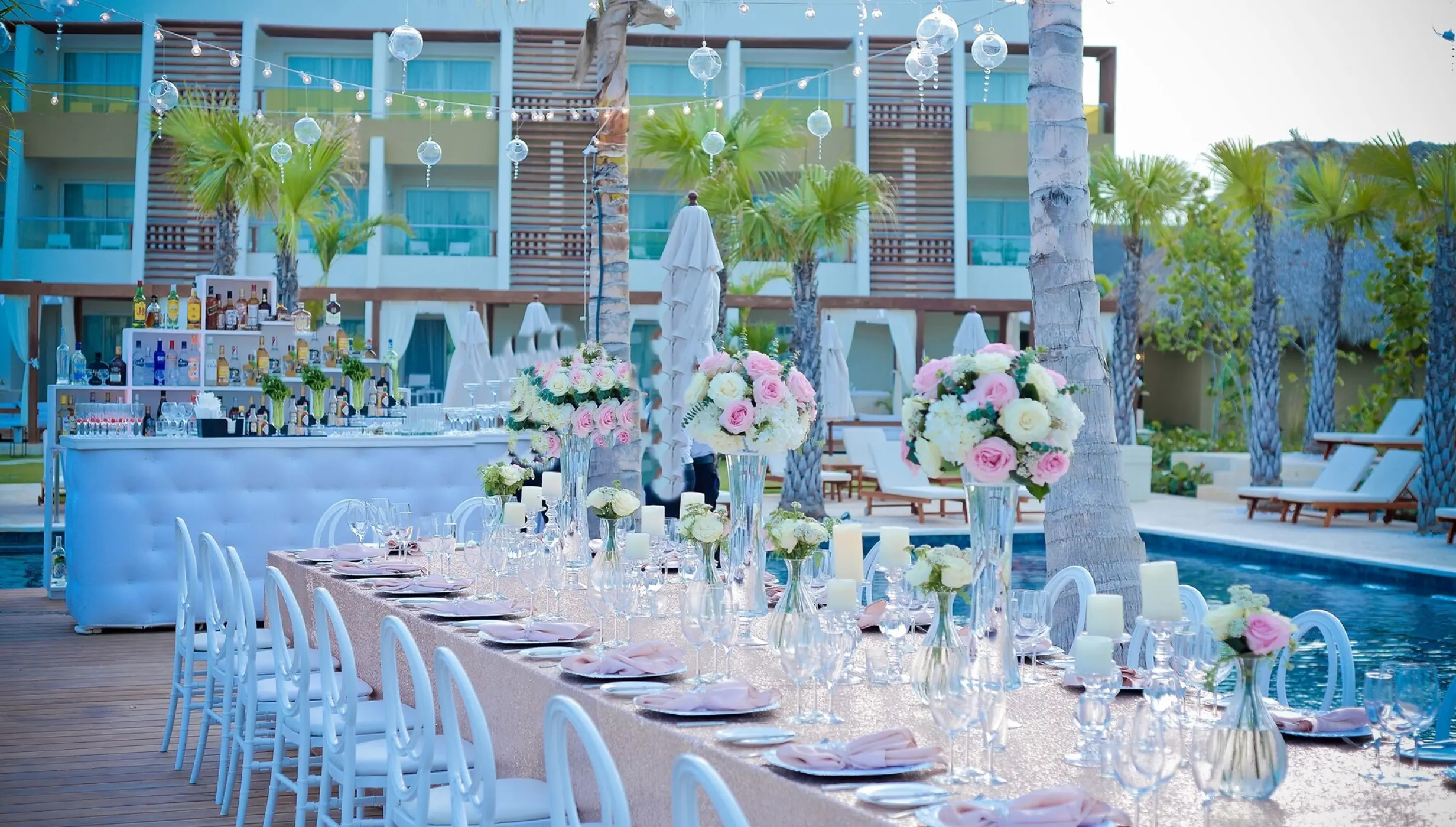 Dinner decor on the pool area at Dreams Onyx Resort & Spa