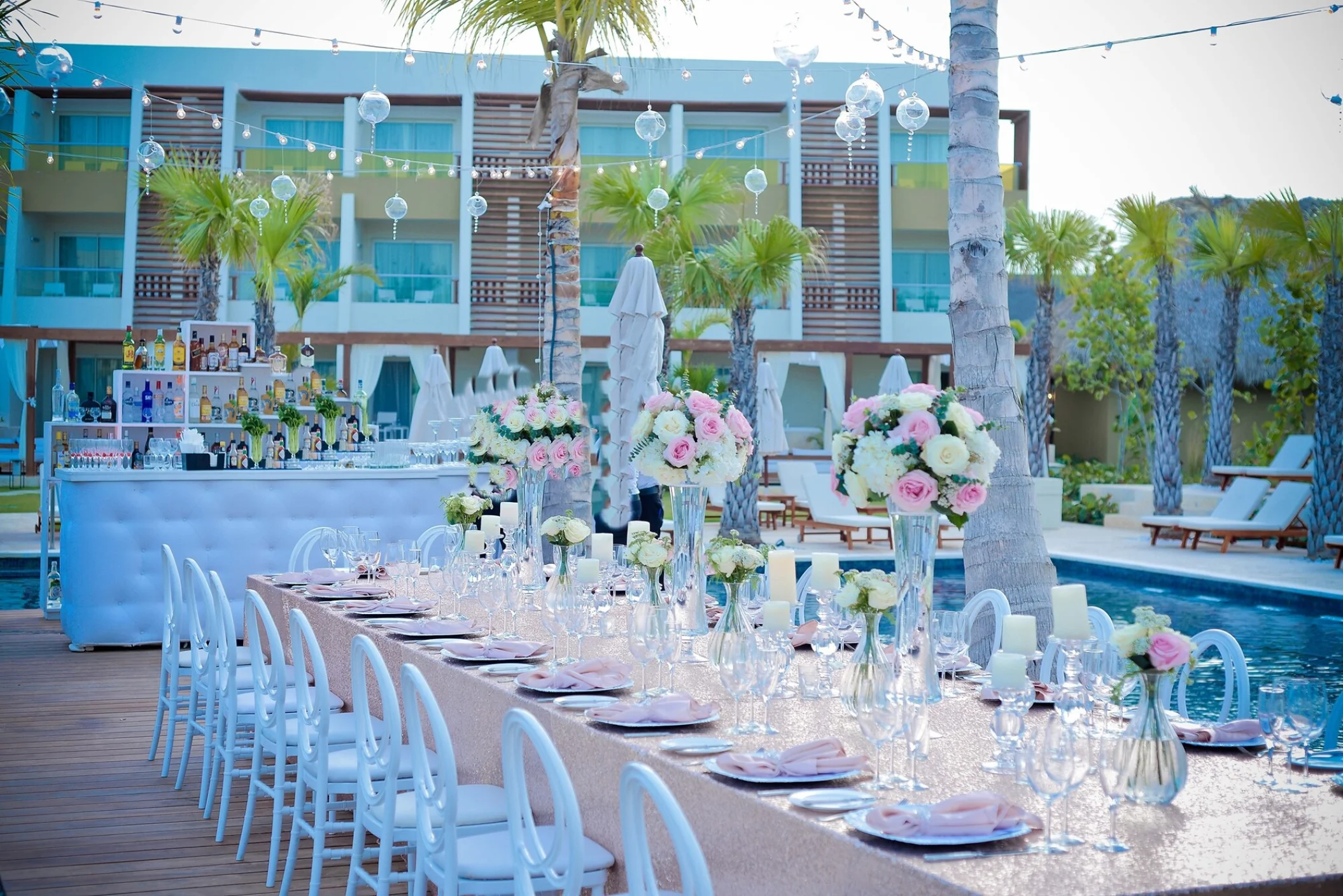 Dinner decor on the pool area at Dreams Onyx Resort & Spa
