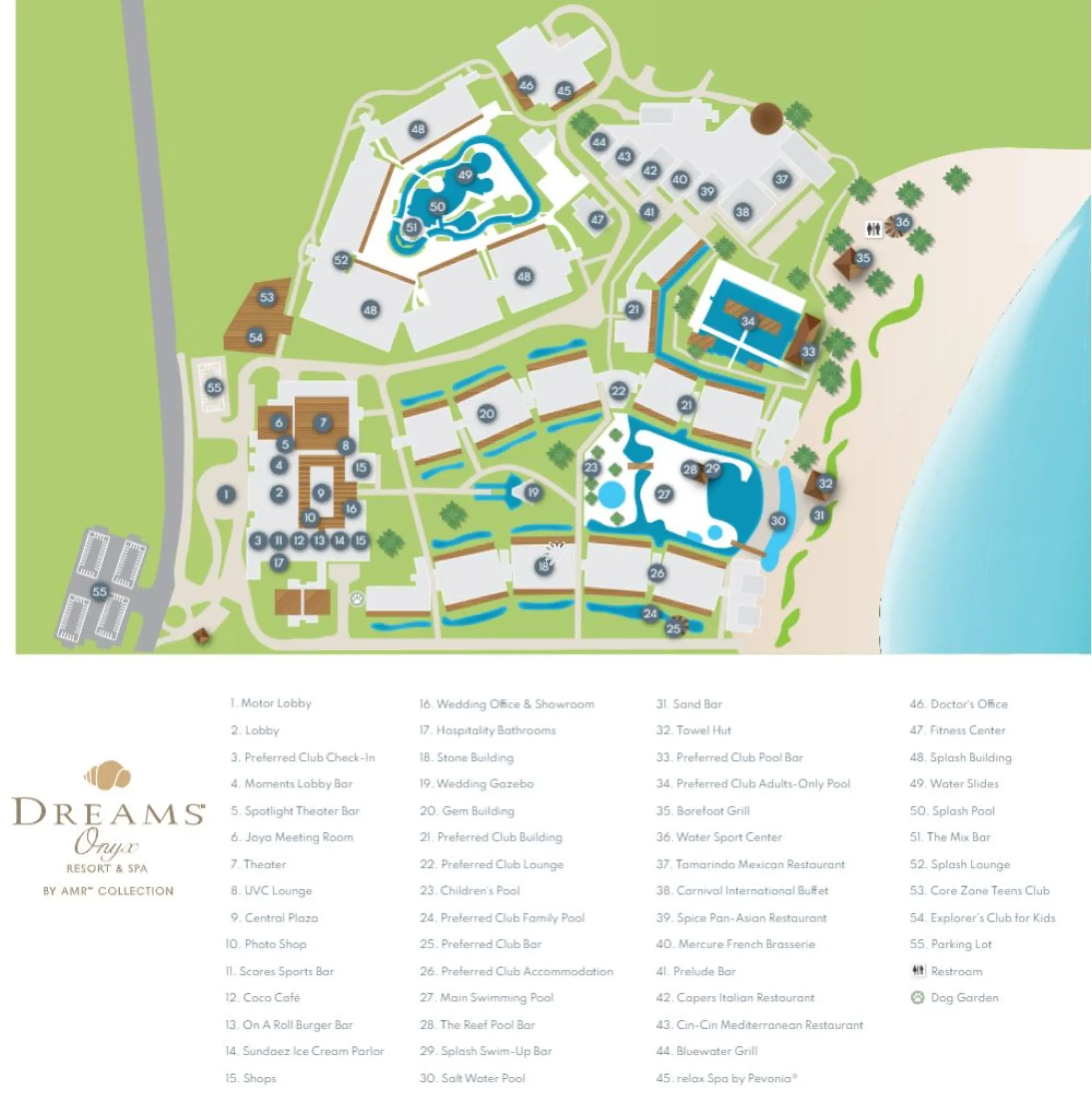 Resort map of Dreams Onyx, Punta Cana showing pools, guest buildings, and beachfront amenities