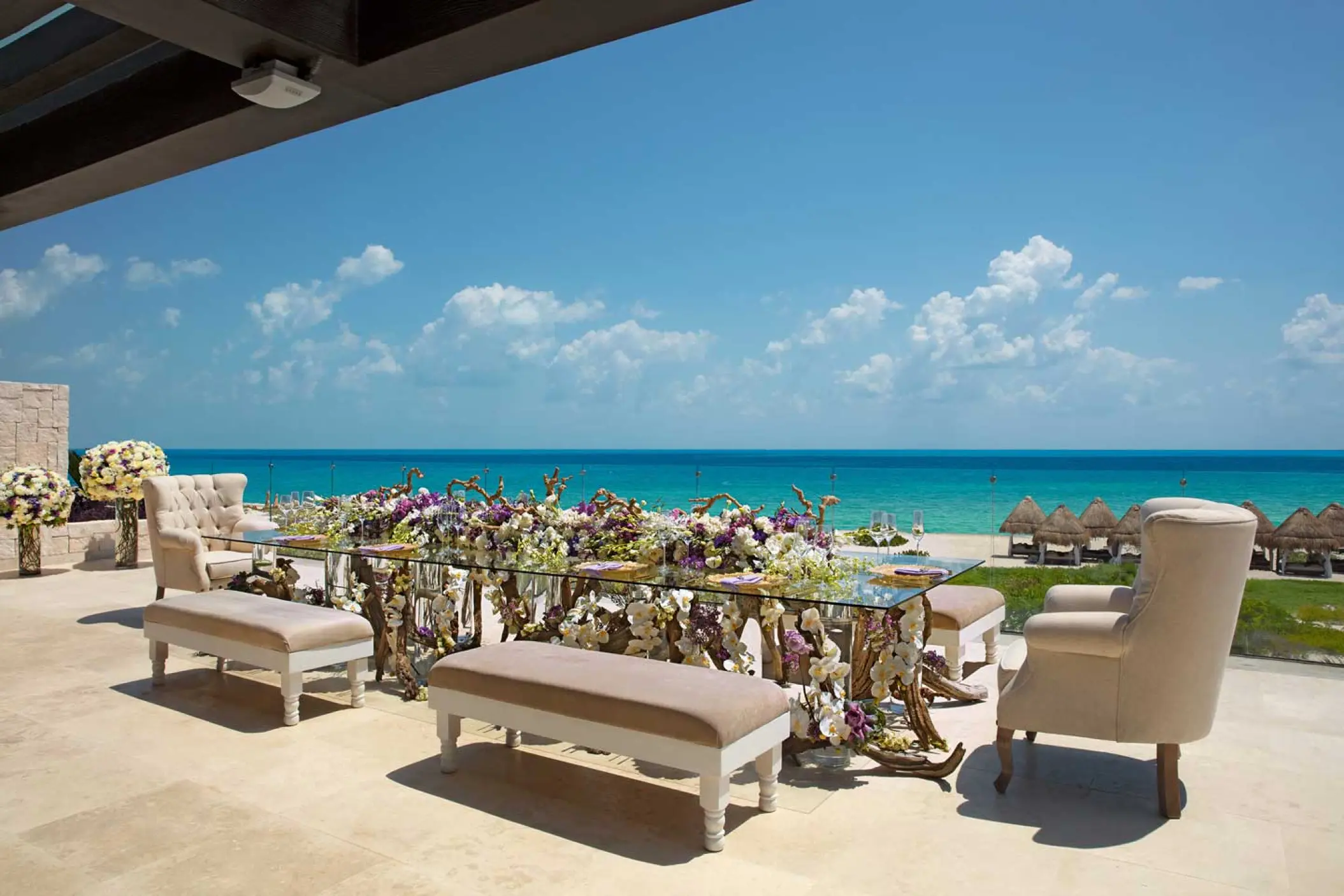 Private wedding dinner setup at Dreams Playa Mujeres terrace, Cancun