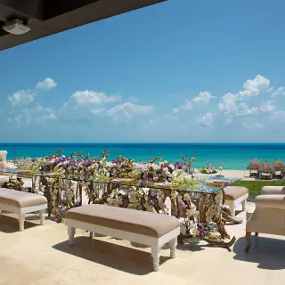 Private wedding dinner setup at Dreams Playa Mujeres terrace, Cancun