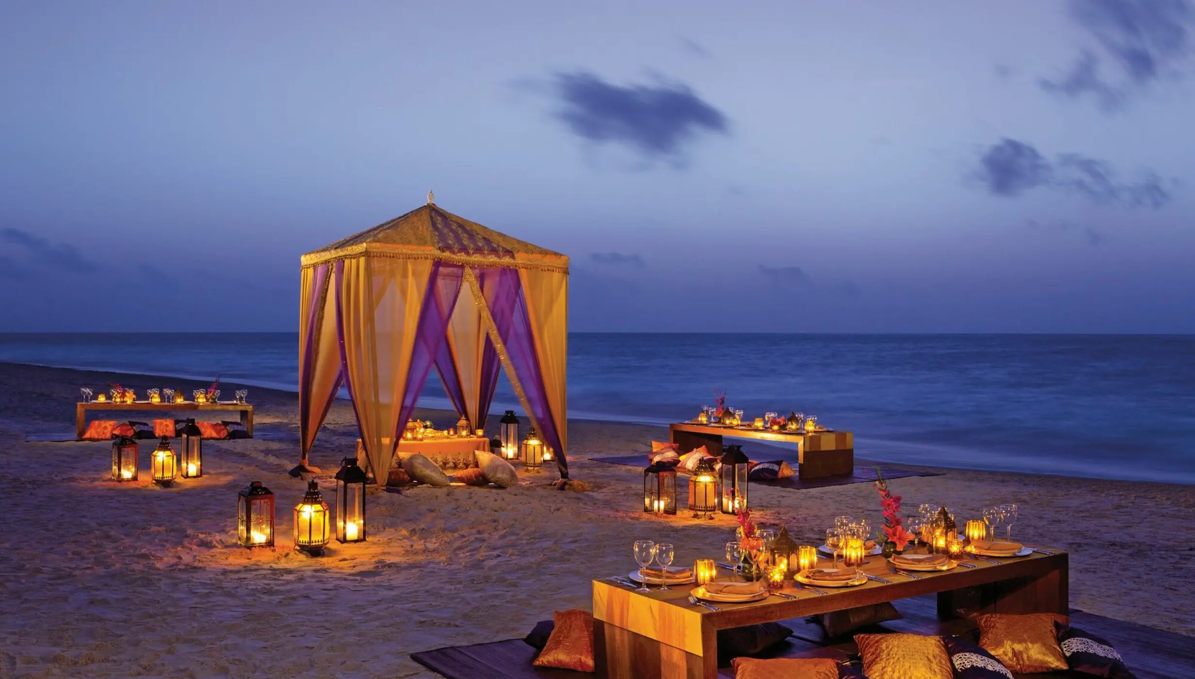 Hindu wedding setup on the beach at twilight, Dreams Riviera Cancun, Riviera Maya