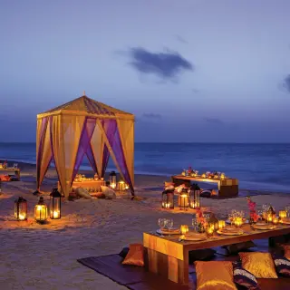 Hindu wedding setup on the beach at twilight, Dreams Riviera Cancun, Riviera Maya