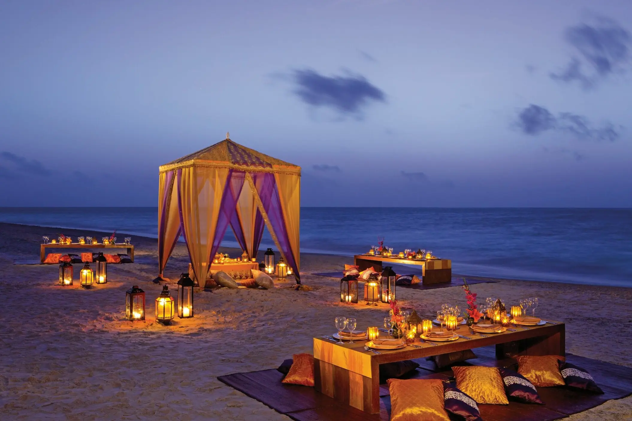 Hindu wedding setup on the beach at twilight, Dreams Riviera Cancun, Riviera Maya
