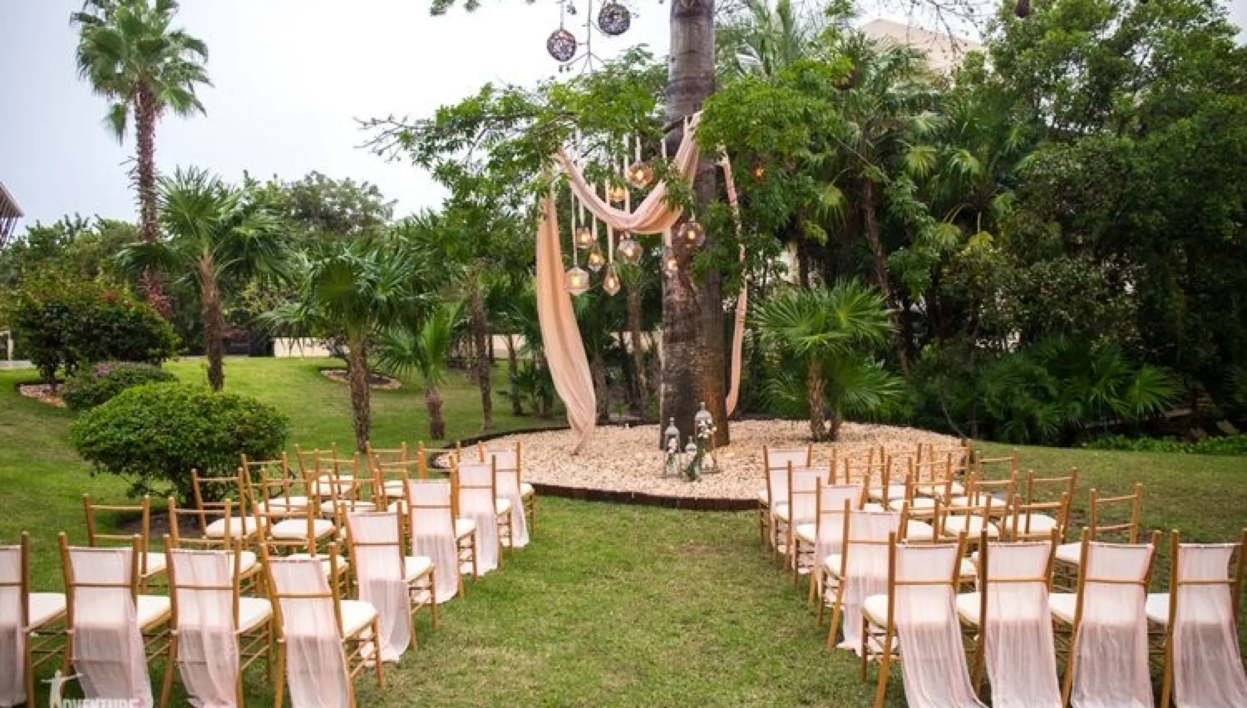 Ceiba tree wedding ceremony setup with draped fabric and hanging lanterns at Dreams Riviera Cancun, Riviera Maya