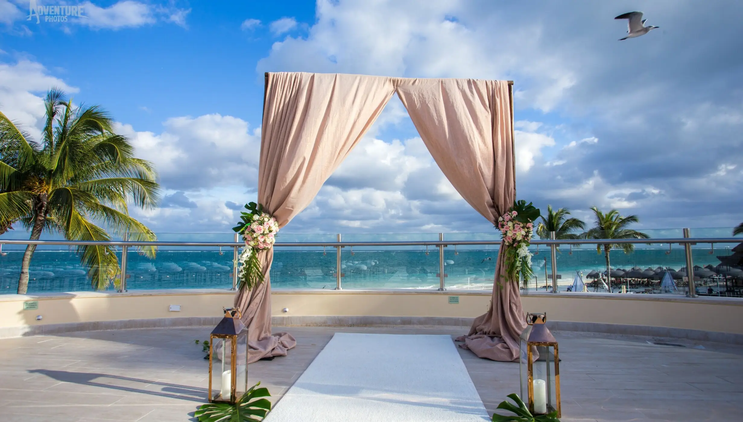Draped wedding ceremony arch on the Oceana Terrace at Dreams Riviera Cancun, Riviera Maya