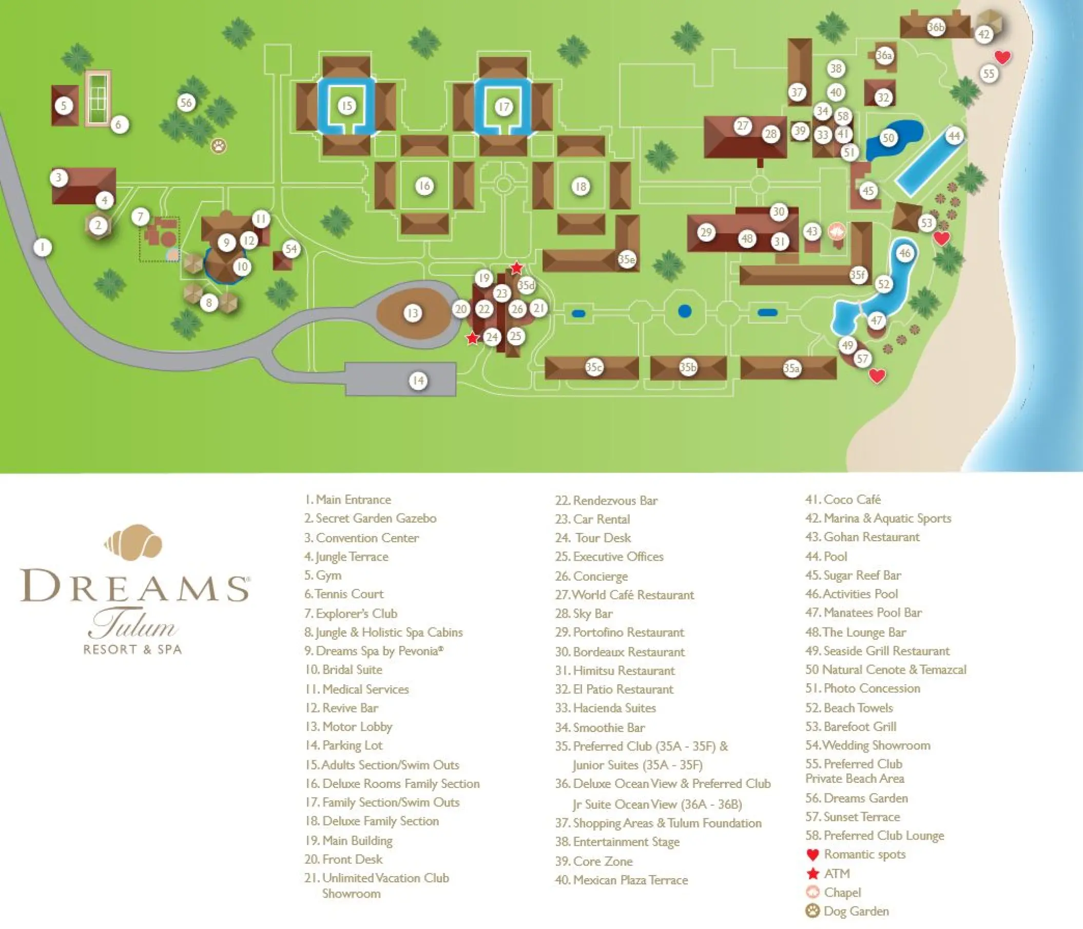 Resort map of Dreams Tulum showing grounds, pools, and beach layout