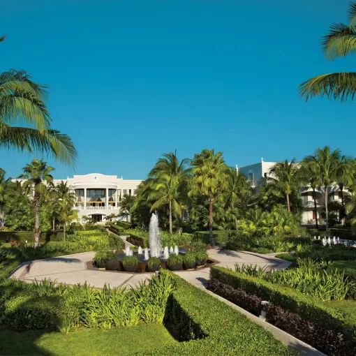 Tropical gardens and central fountain at Dreams Tulum, Tulum