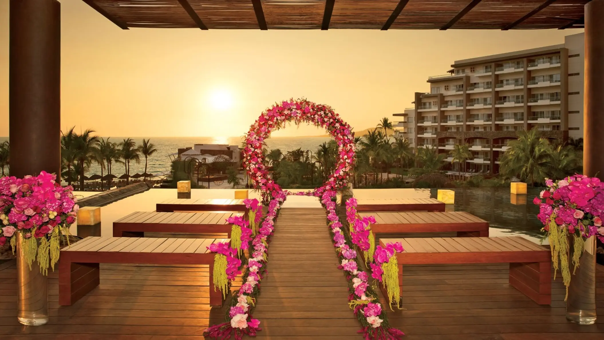 Floral circle arch for a wedding ceremony at Dreams Vallarta Bay, Puerto Vallarta
