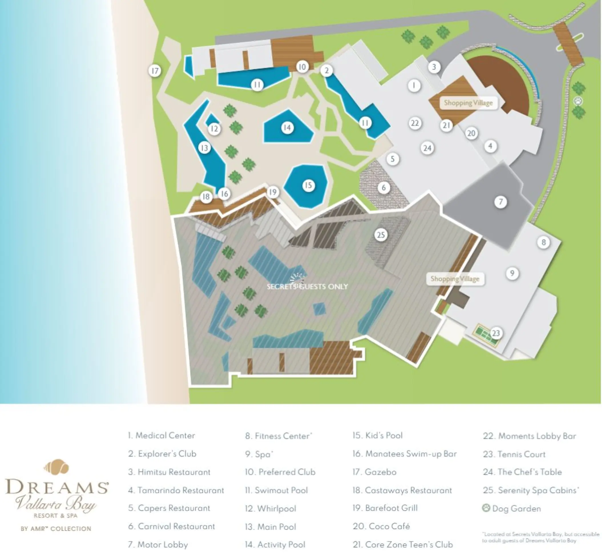 Resort map for Dreams Vallarta Bay, Puerto Vallarta showing pools, restaurants, and beach access