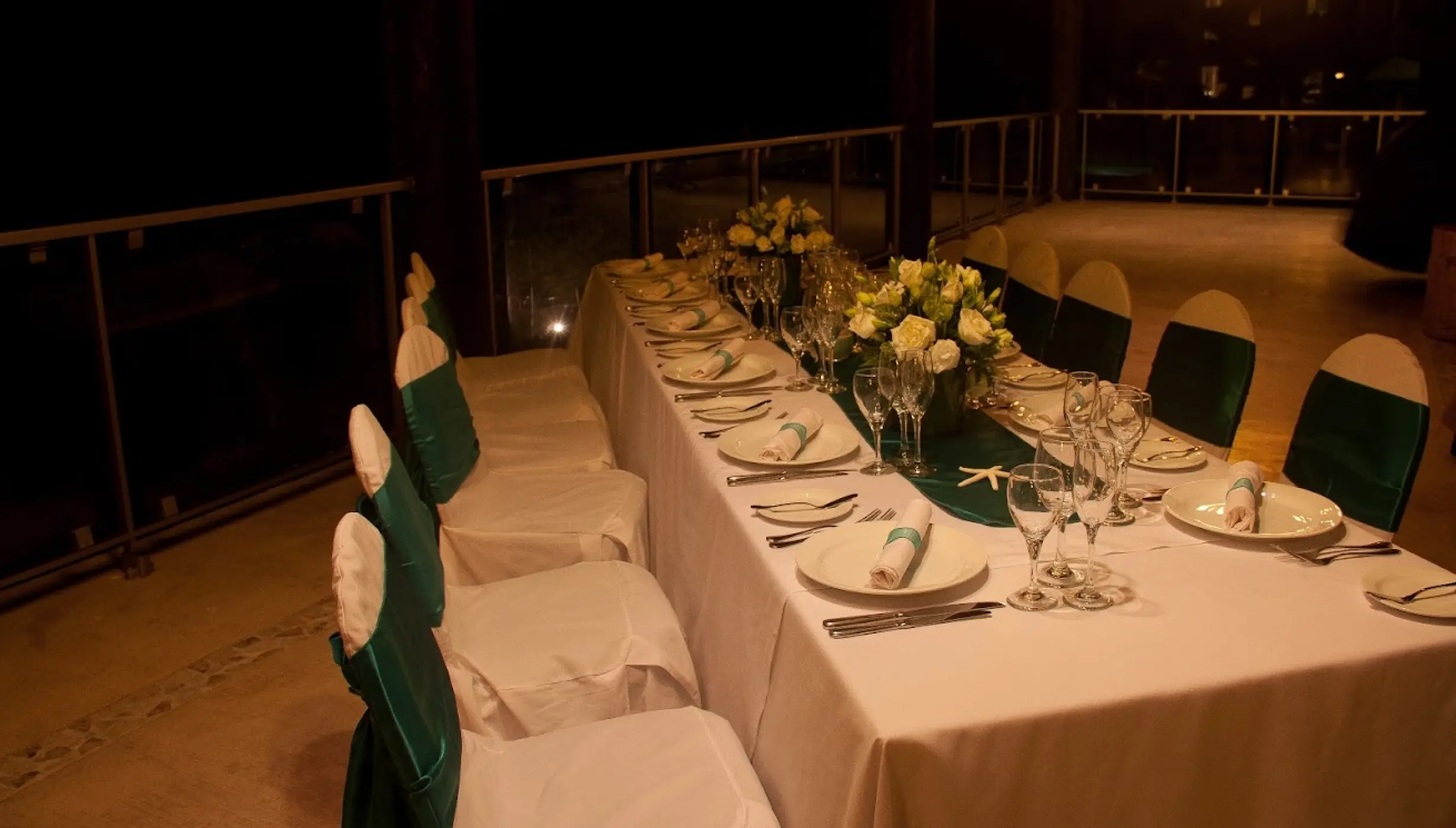 Terrace wedding reception dinner setup at Dreams Jade, Riviera Maya