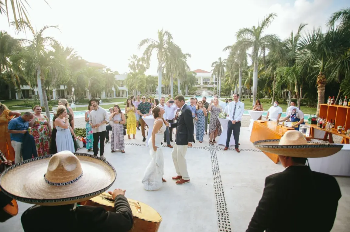 Mariachi band performing during a wedding cocktail hour at El Dorado Royale, Riviera Maya