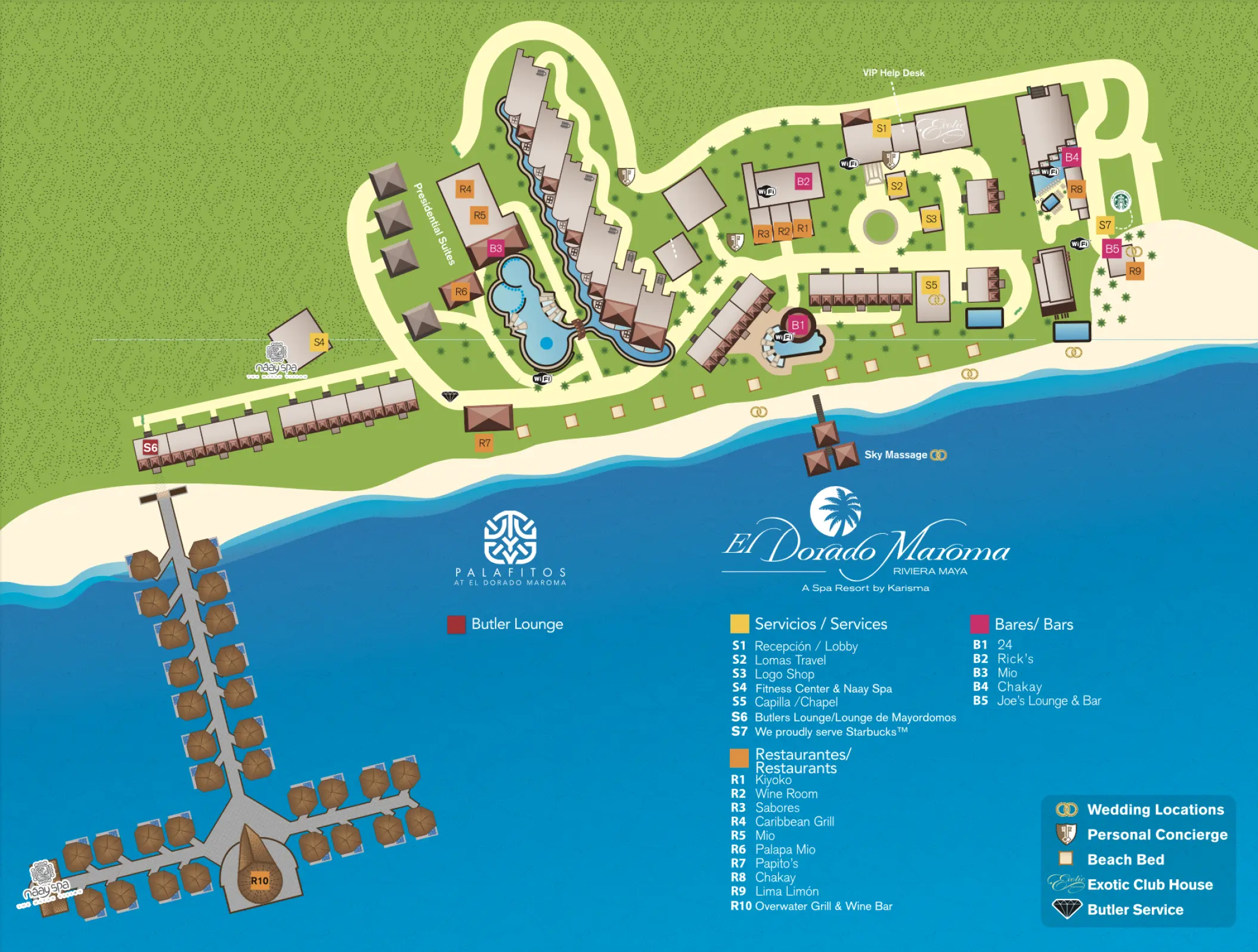 Resort map of El Dorado Maroma and Palafitos overwater bungalows, Riviera Maya