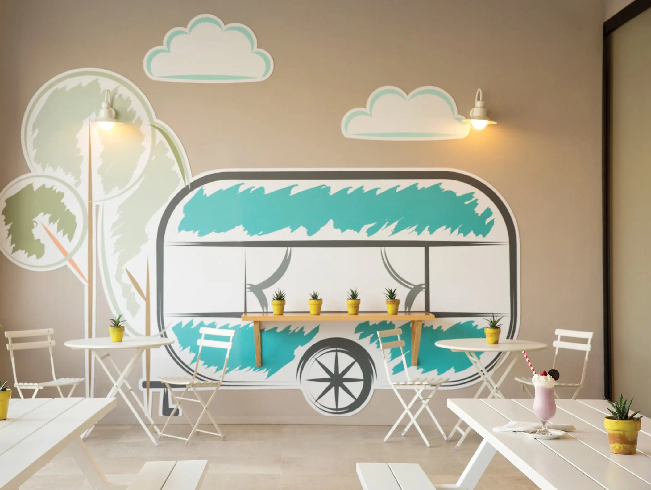 Aroma coffee shop interior with caravan wall art at Excellence El Carmen, Punta Cana
