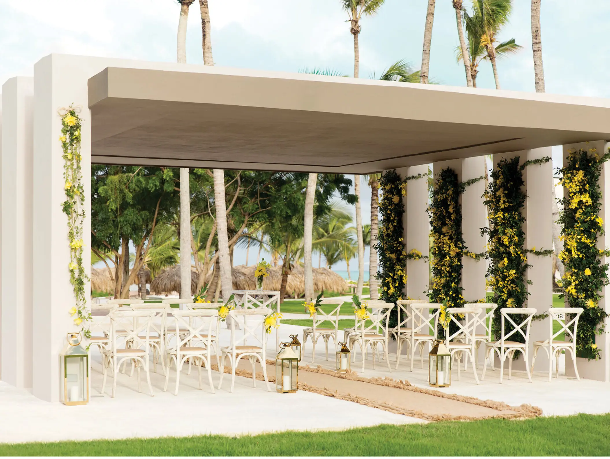 Modern stone gazebo wedding ceremony at Excellence El Carmen, Punta Cana