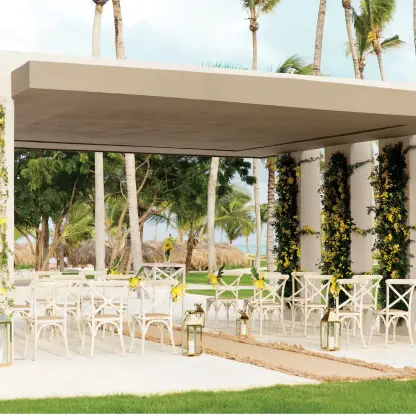 Modern stone gazebo wedding ceremony at Excellence El Carmen, Punta Cana