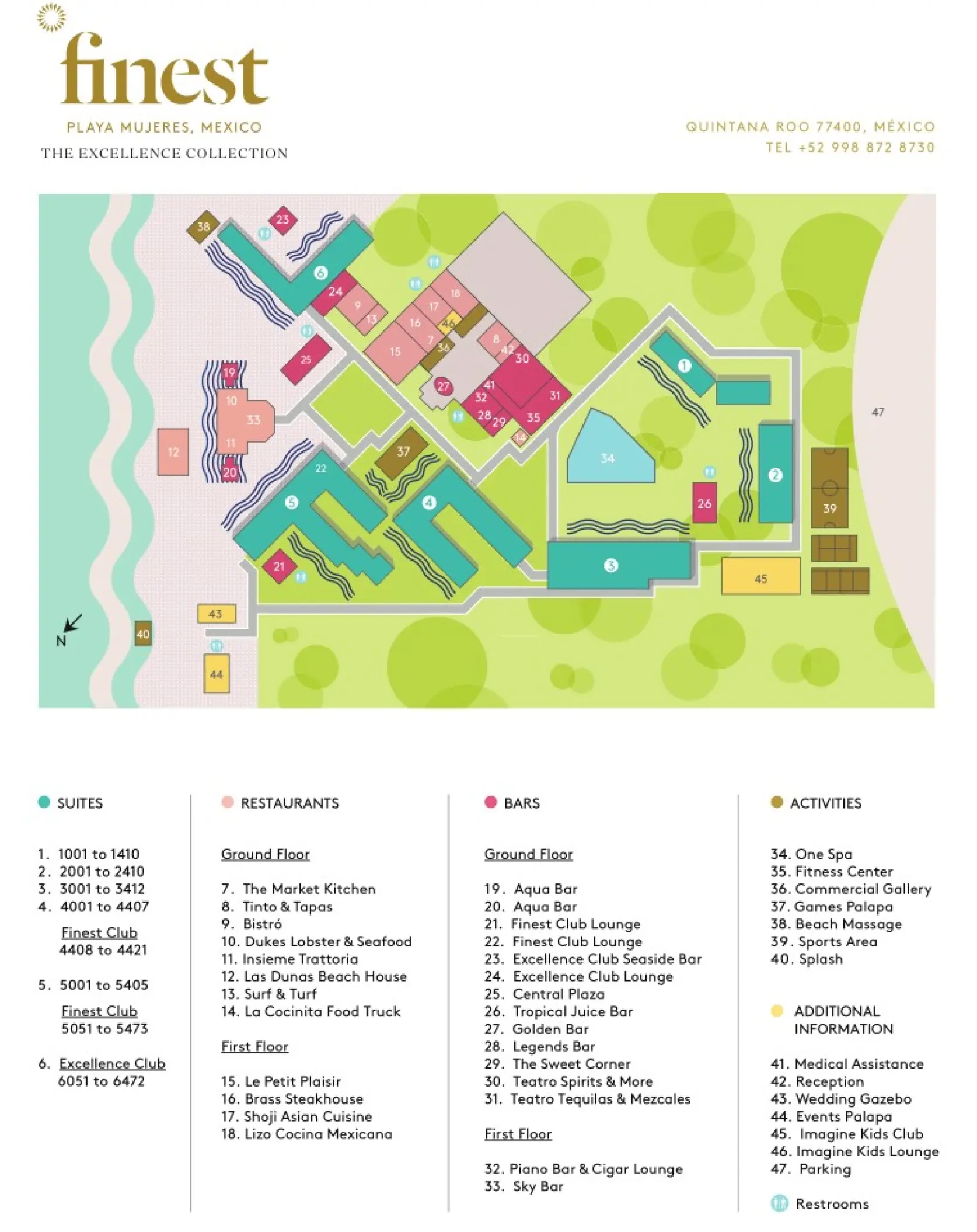 Map of Finest Playa Mujeres in Cancun showing the layout of suites, restaurants, bars, and wedding venues