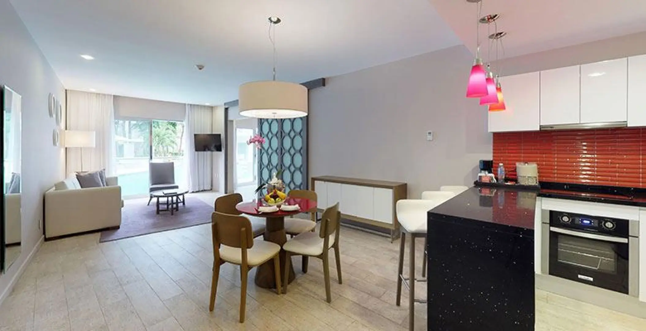 Modern residence suite with kitchen, dining area, and living room at The Fives Beach Hotel, Playa Del Carmen