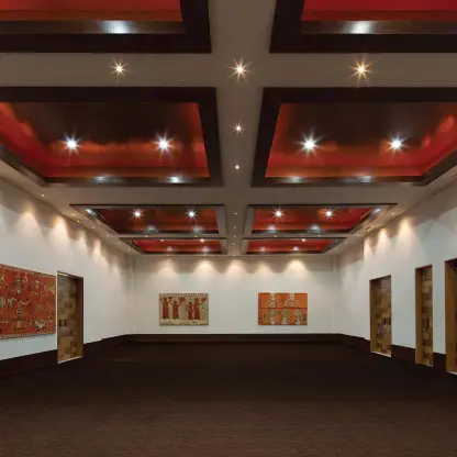 Modern indoor salon with tray ceilings at The Fives Beach Hotel, Playa Del Carmen