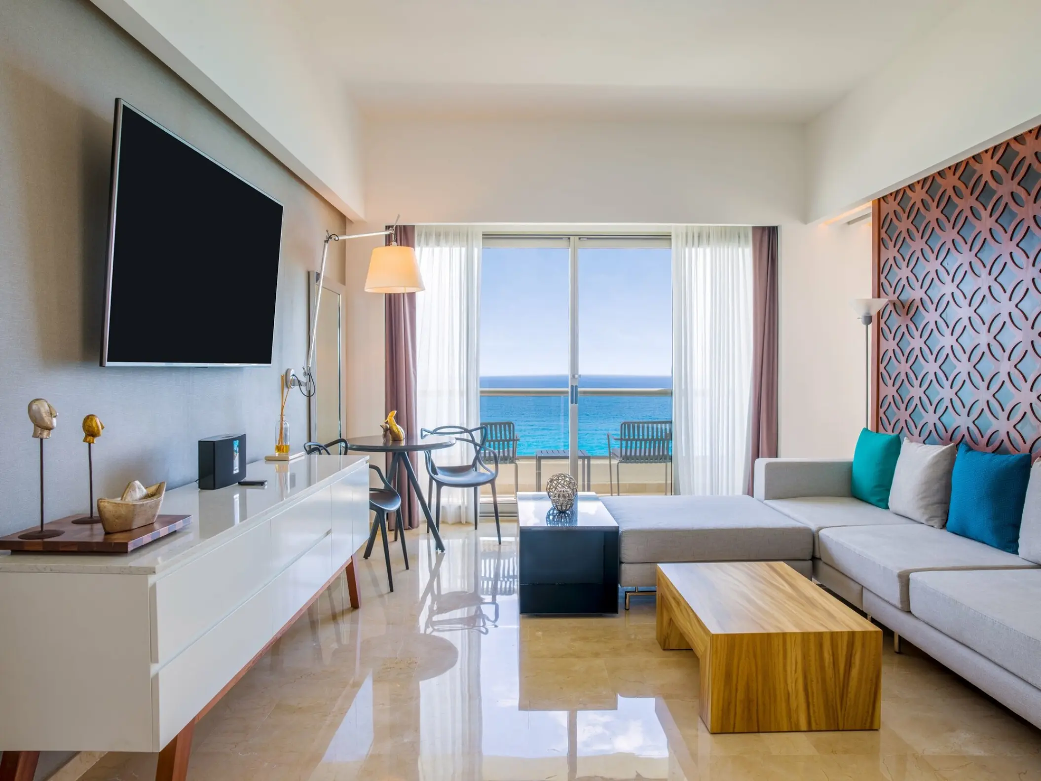 Fuego Suite living area with ocean view at Live Aqua Beach Resort, Cancun