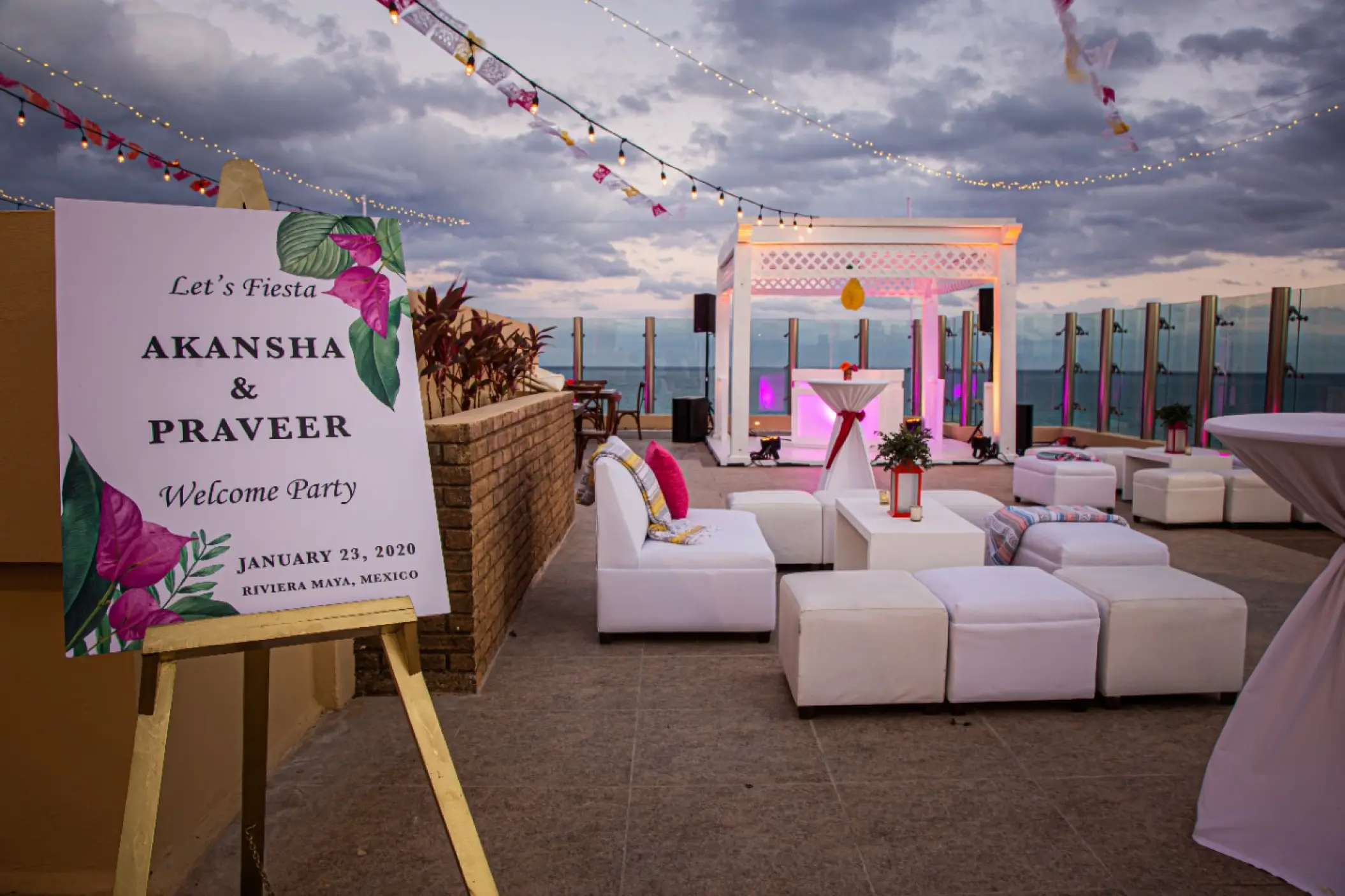 Akansha & Praveer's welcome party sign and rooftop lounge at Generations Riviera Maya